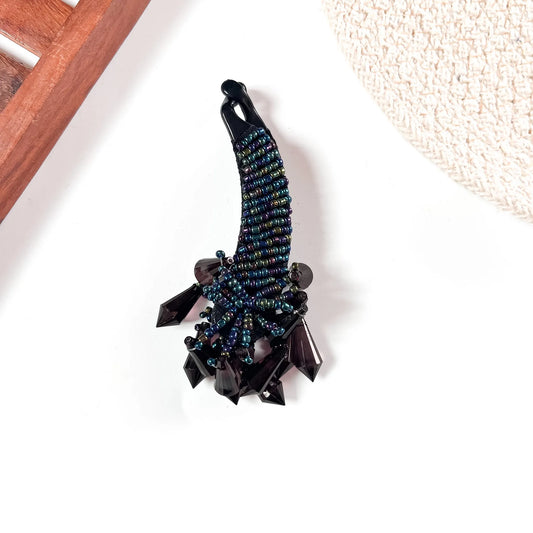 10cm black crystalline banana clip featuring beaded faceted barrel and large lavender crystal cluster accent.