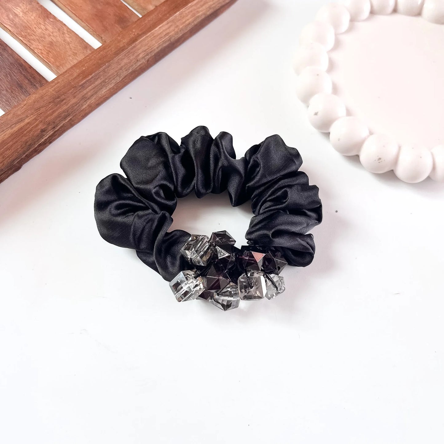 Black satin scrunchie with cube crystal cluster