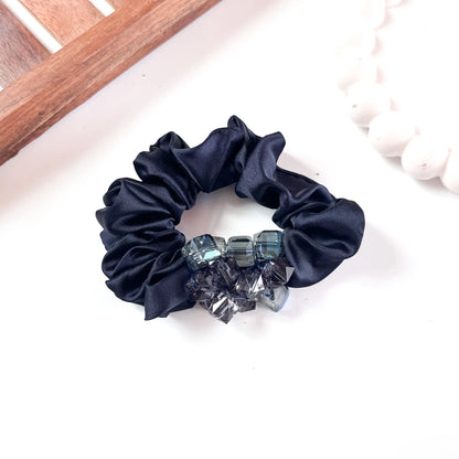 Navy satin scrunchie with cube crystal cluster