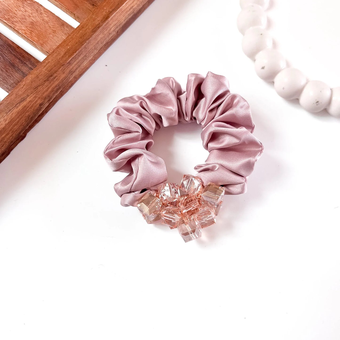 Rose Pink satin scrunchie with cube crystal cluster