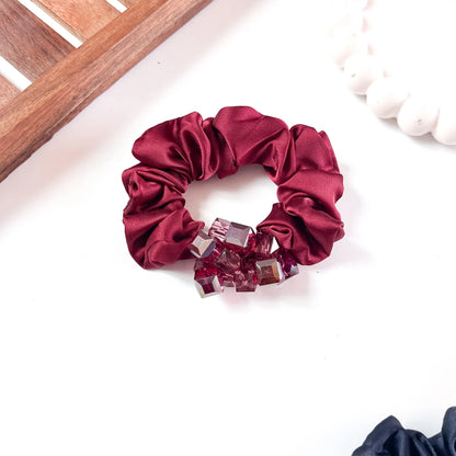 Red Maroon satin scrunchie with cube crystal cluster