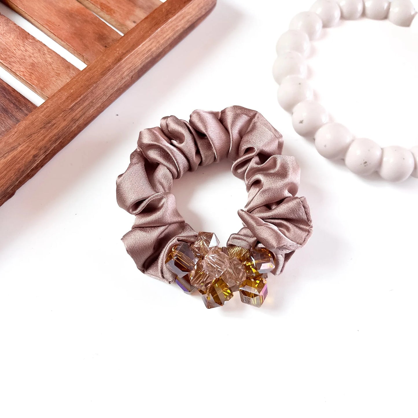 Gold satin scrunchie with cube crystal cluster
