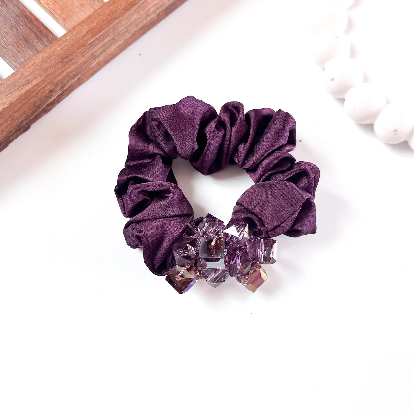 Wine satin scrunchie with cube crystal cluster