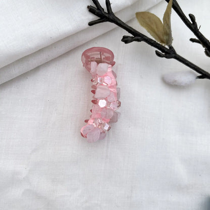 Soft blush pink dainty mini banana clip featuring delicate pink-toned faceted beads in petite 5cm size.