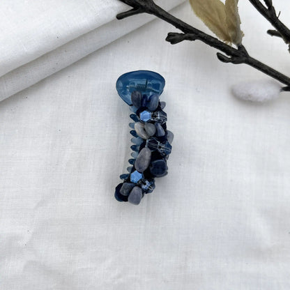 Deep navy blue dainty mini banana clip with matching navy faceted beads creating subtle sparkle.