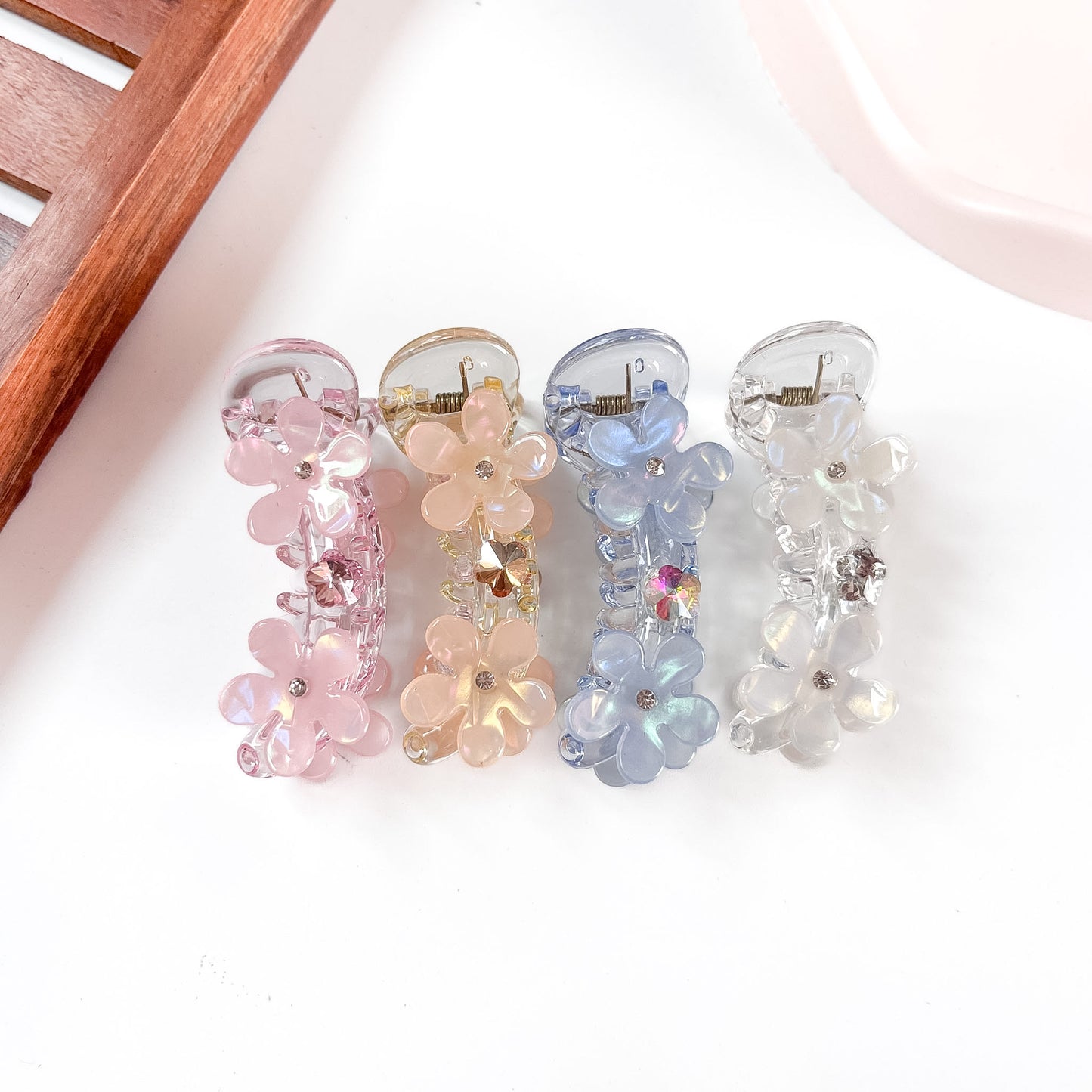 Daisy cluster banana clips in pink, nude peach, periwinkle blue and clear white for thin and short hair
