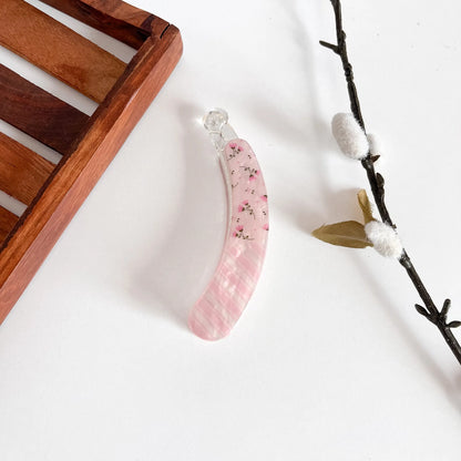 Pink pressed flower lock banana clip with botanical flowers, secure clasp, 10cm