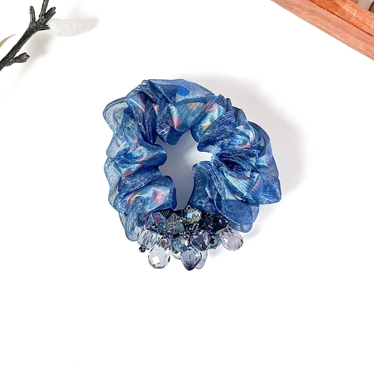 Denim blue printed scrunchie with grey crystal drops