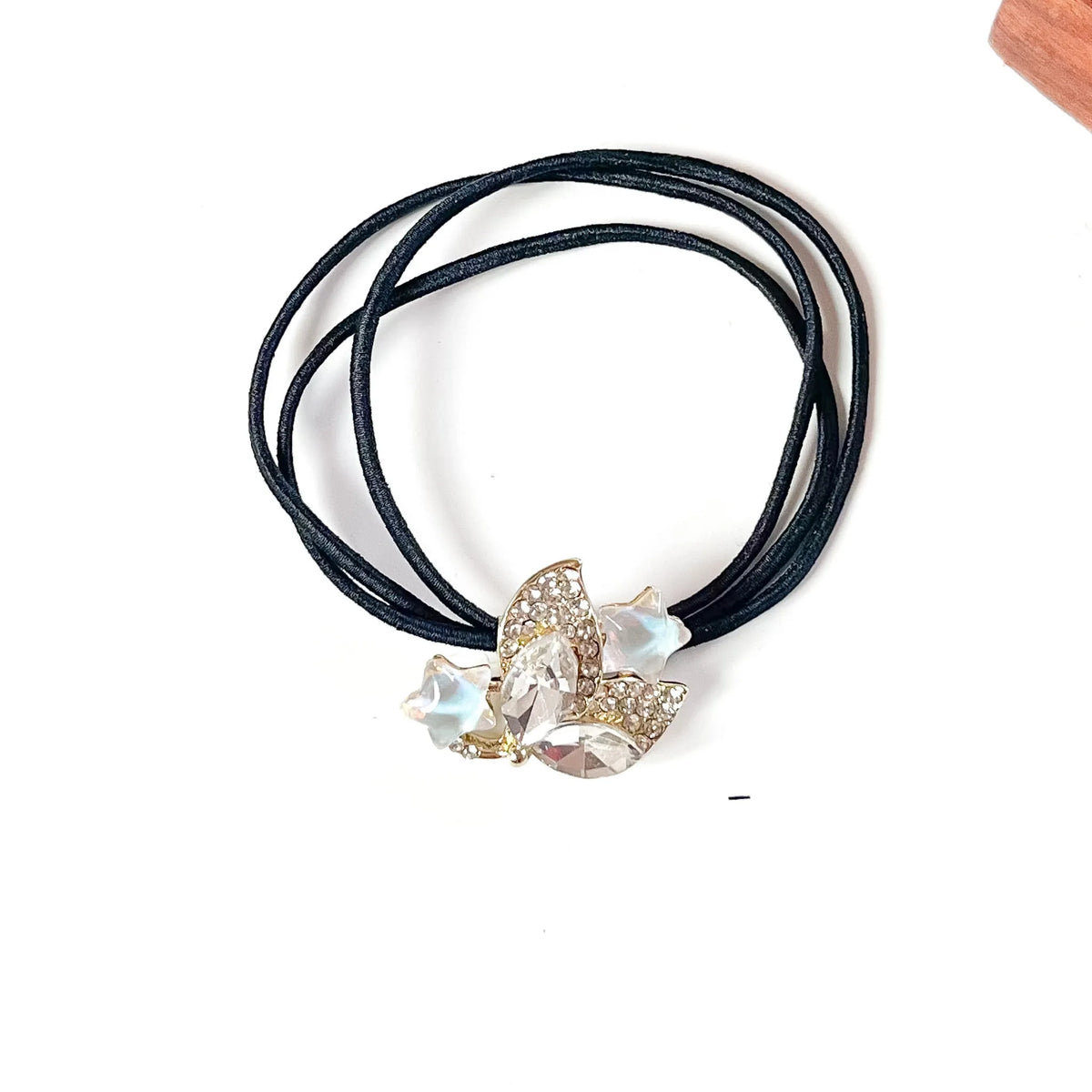 Dew white crystal hair tie with clear marquise stones and pearly stars, rhinestone ponytail holder