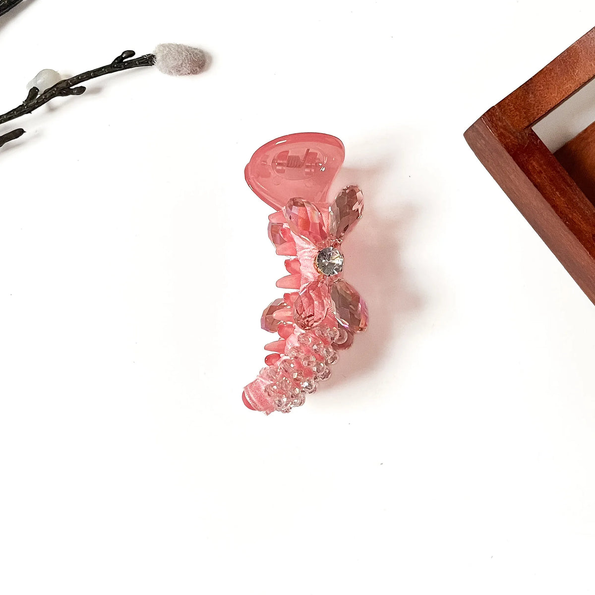 Blush pink designer banana clip with teardrop crystal wings and rhinestone, 8cm