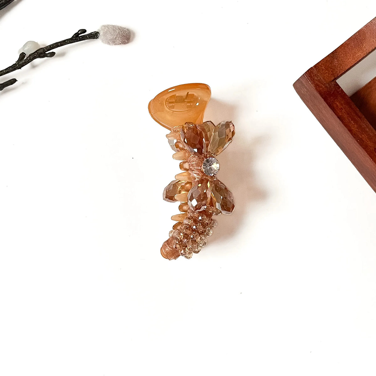 Champagne brown fancy banana clutcher with crystal wings, medium 8cm