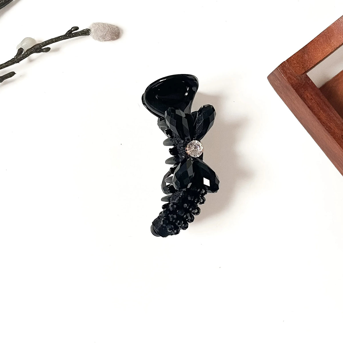 Jet black rhinestone banana hair clip with black teardrop crystals, 8cm