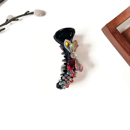 Multicolour black banana clip with red, AB and champagne crystals, fancy 8cm