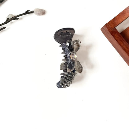 Smoke grey rhinestone banana clip with teardrop crystals and beaded tail, 8cm