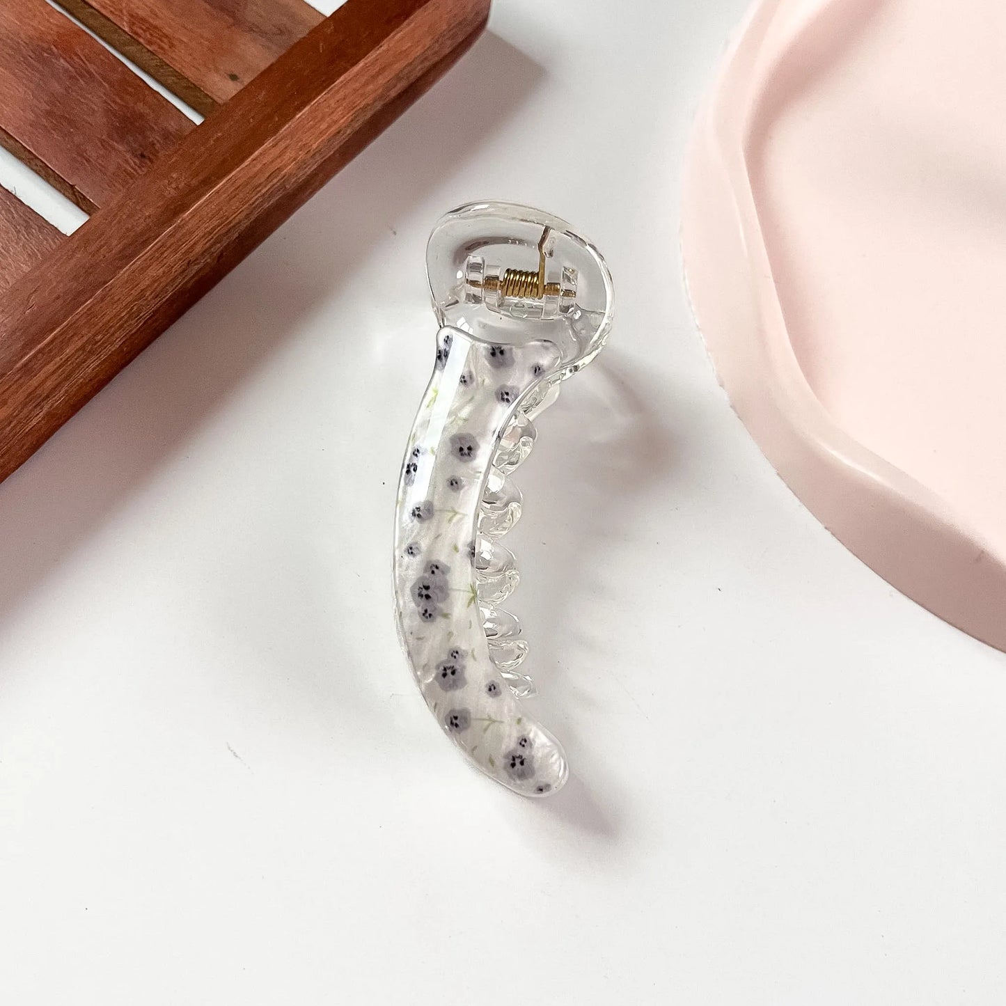 Grey ditsy floral print banana clip large banana clutcher for everyday styling
