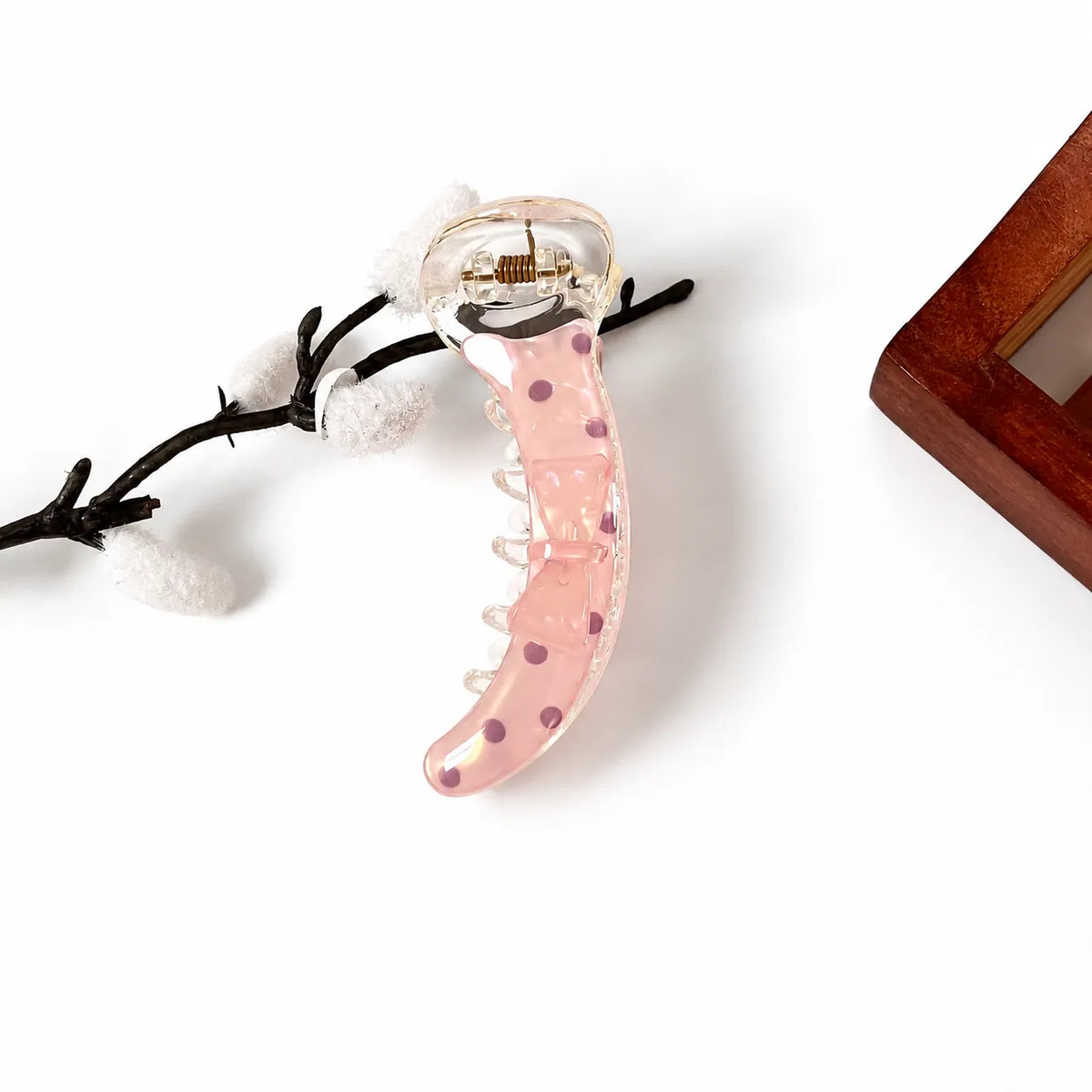Blush pink bow banana clip with polka dots, 8 cm pink banana clip for women