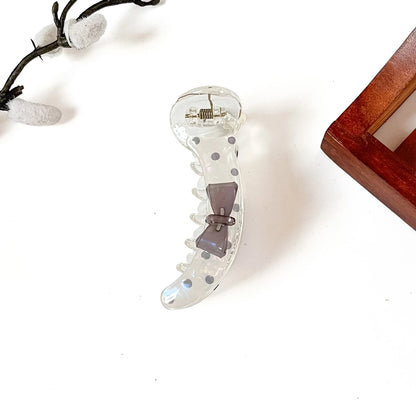 Cloud white clear banana clip with grey bow and polka dots, 8 cm banana clutcher