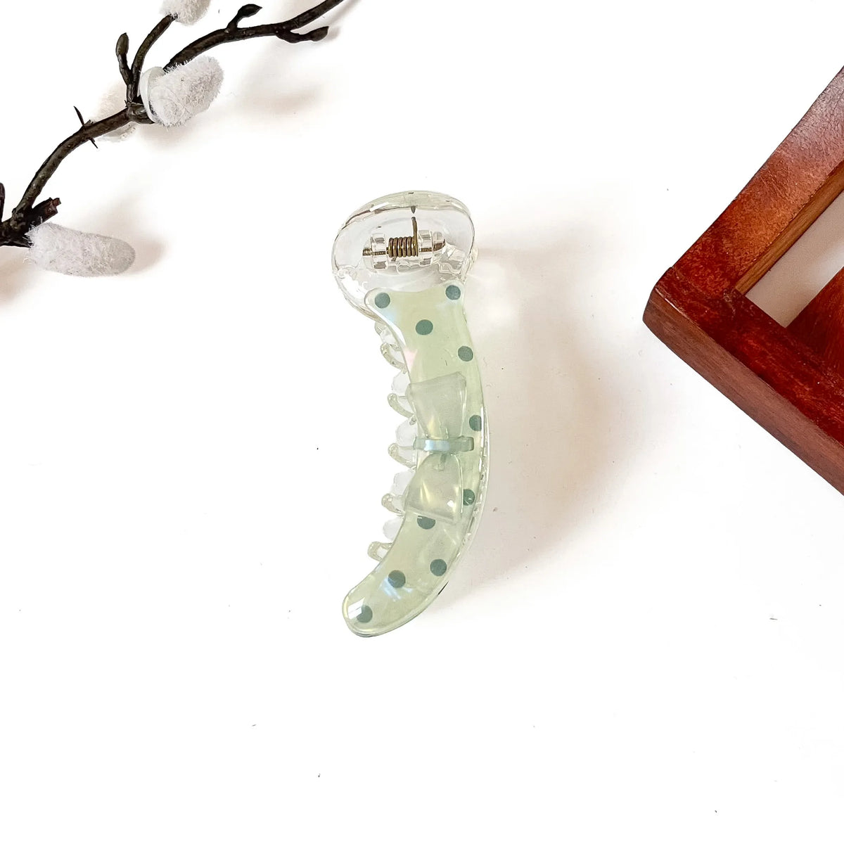 Mint green polka dot banana clip with 3D bow, 8 cm pastel banana hair clip
