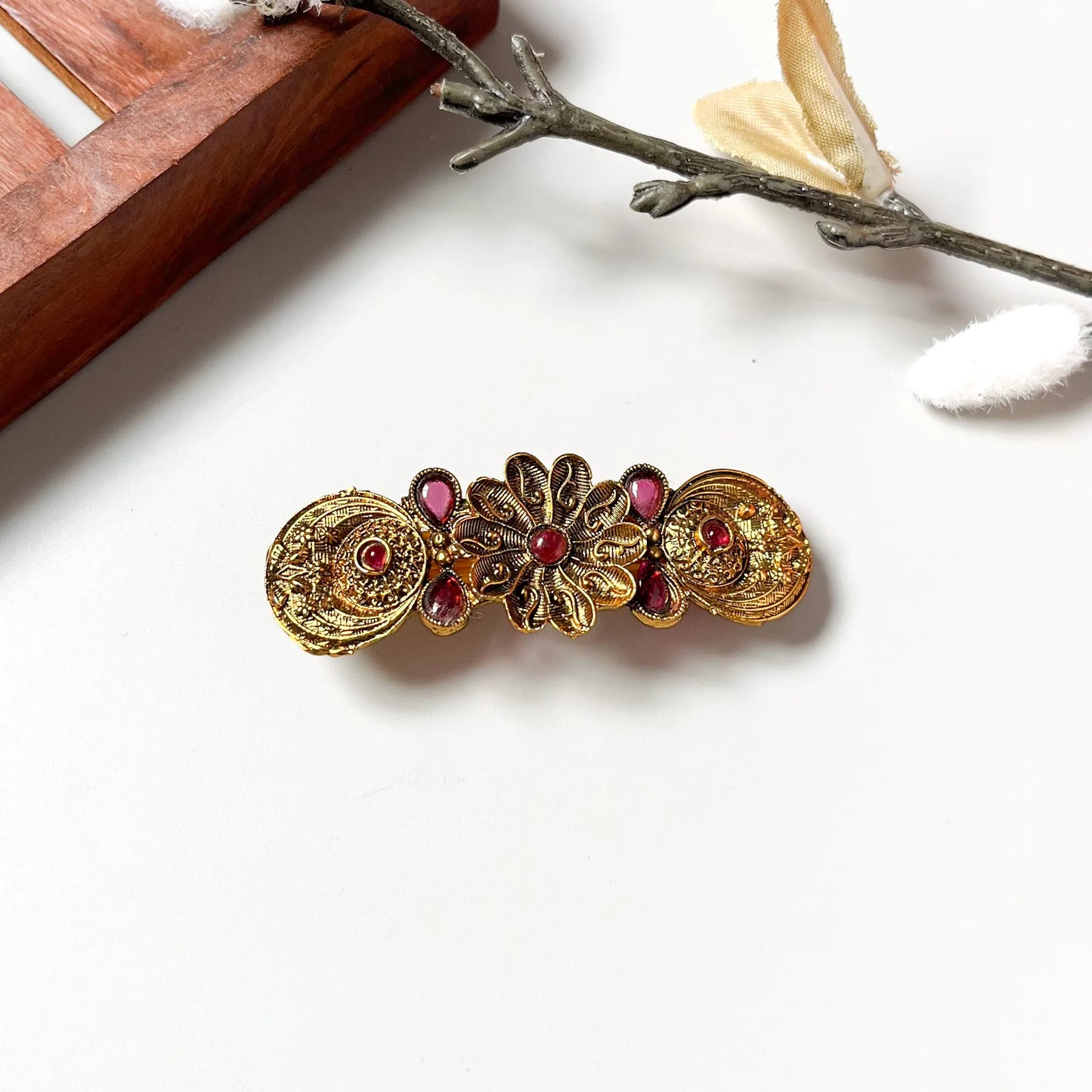 Double medallion filigree barrette with ruby gemstones, ornate brass discs, antique gold 4cm hair clip