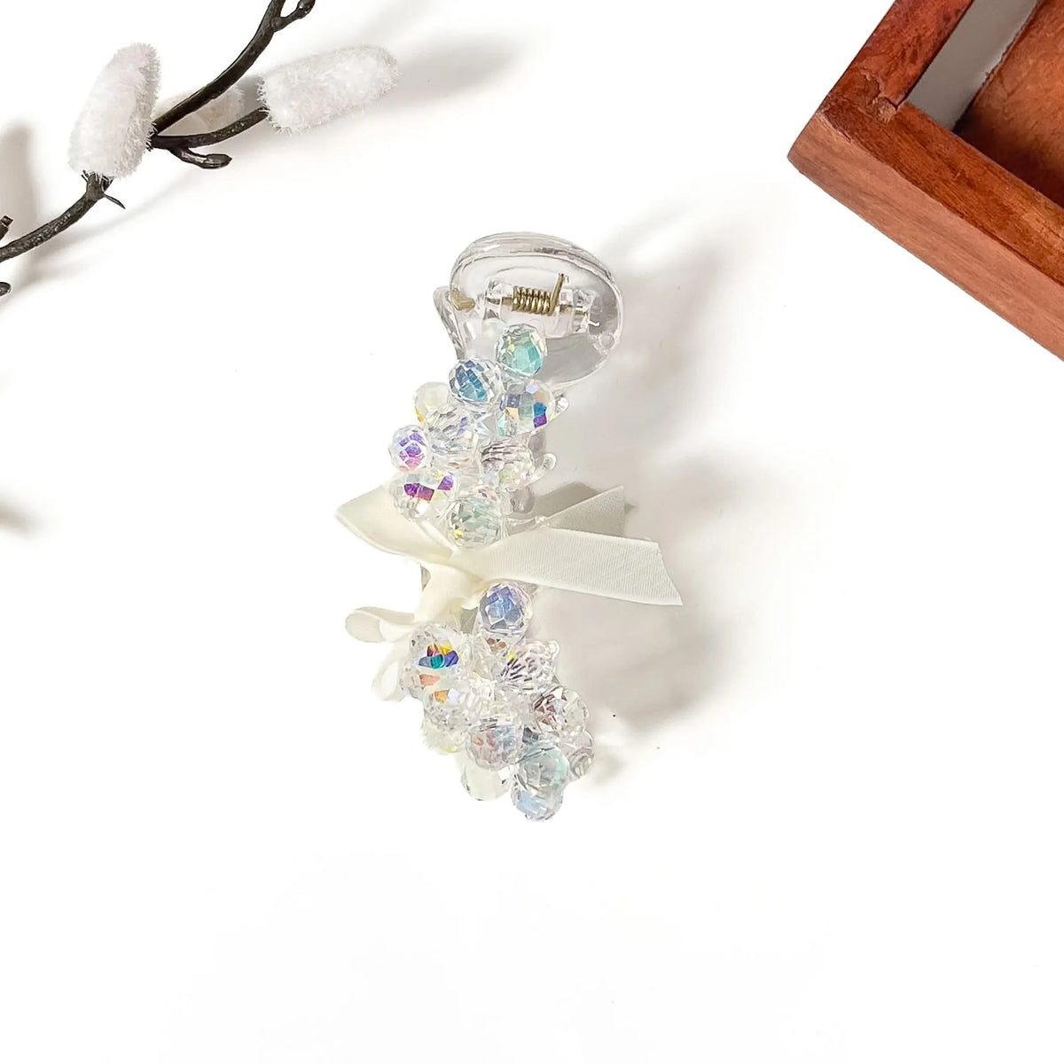 Prism clear iridescent crystal banana clip with ivory satin bow, 8cm