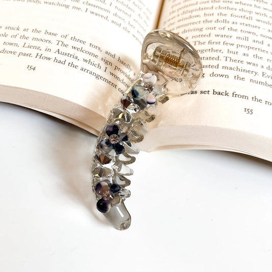 Elira Petal Banana Clip blue floral crystal banana clip with rhinestones and transparent base