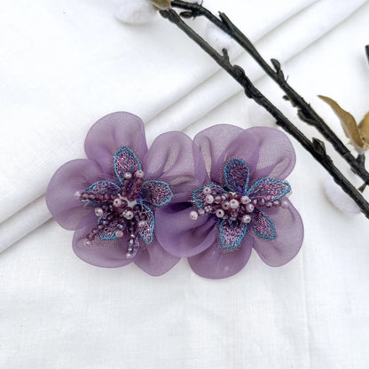Purple embroidered blossom barrette clip with teal leaves and beads, 6cm