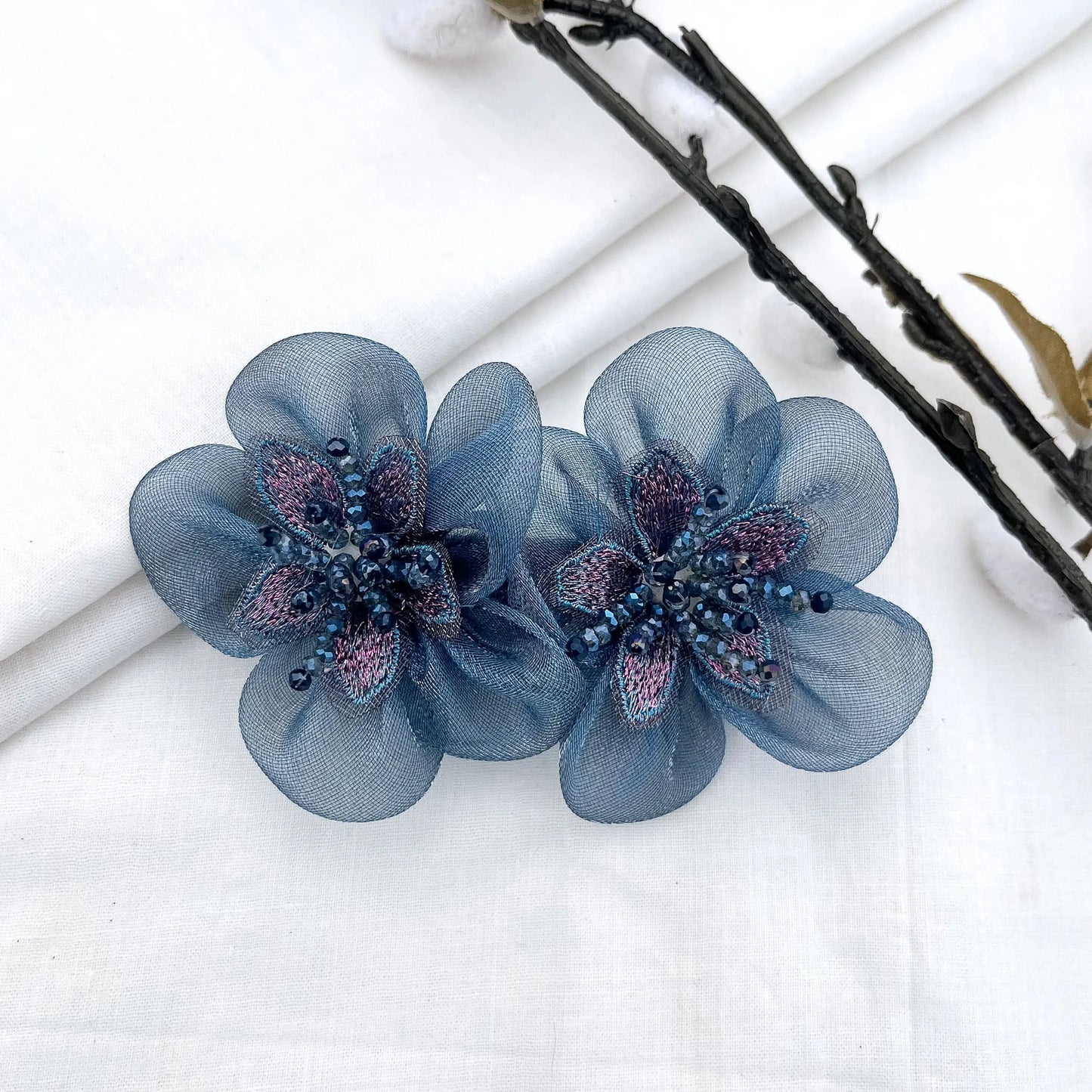 Blue embroidered blossom barrette clip with silver leaves and beads, 6cm