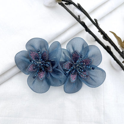 Blue embroidered blossom barrette clip with silver leaves and beads, 6cm