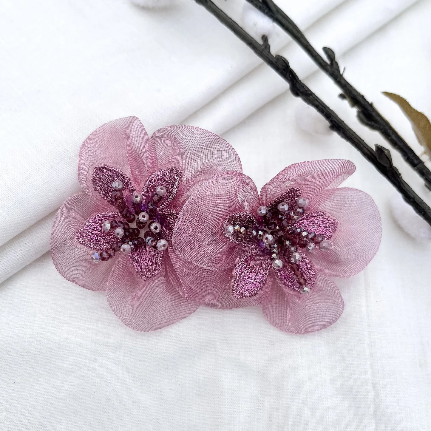 Light pink embroidered blossom barrette clip with mauve leaves, 6cm