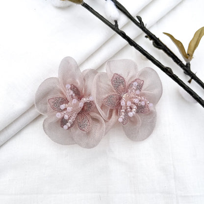 Pale pink embroidered blossom barrette clip with rose-gold leaves, 6cm