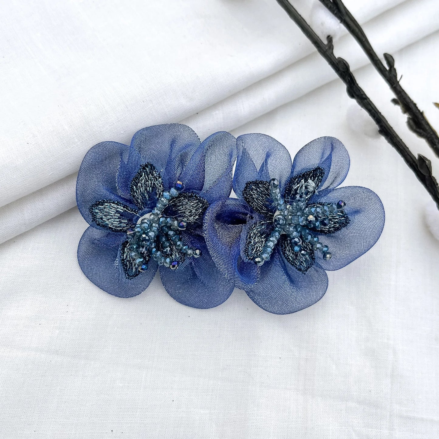 Blue embroidered blossom barrette clip with silver leaves and beads, 6cm