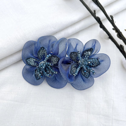 Blue embroidered blossom barrette clip with silver leaves and beads, 6cm