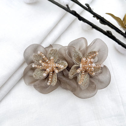 Cream embroidered blossom barrette clip with gold leaves and beads, 6cm