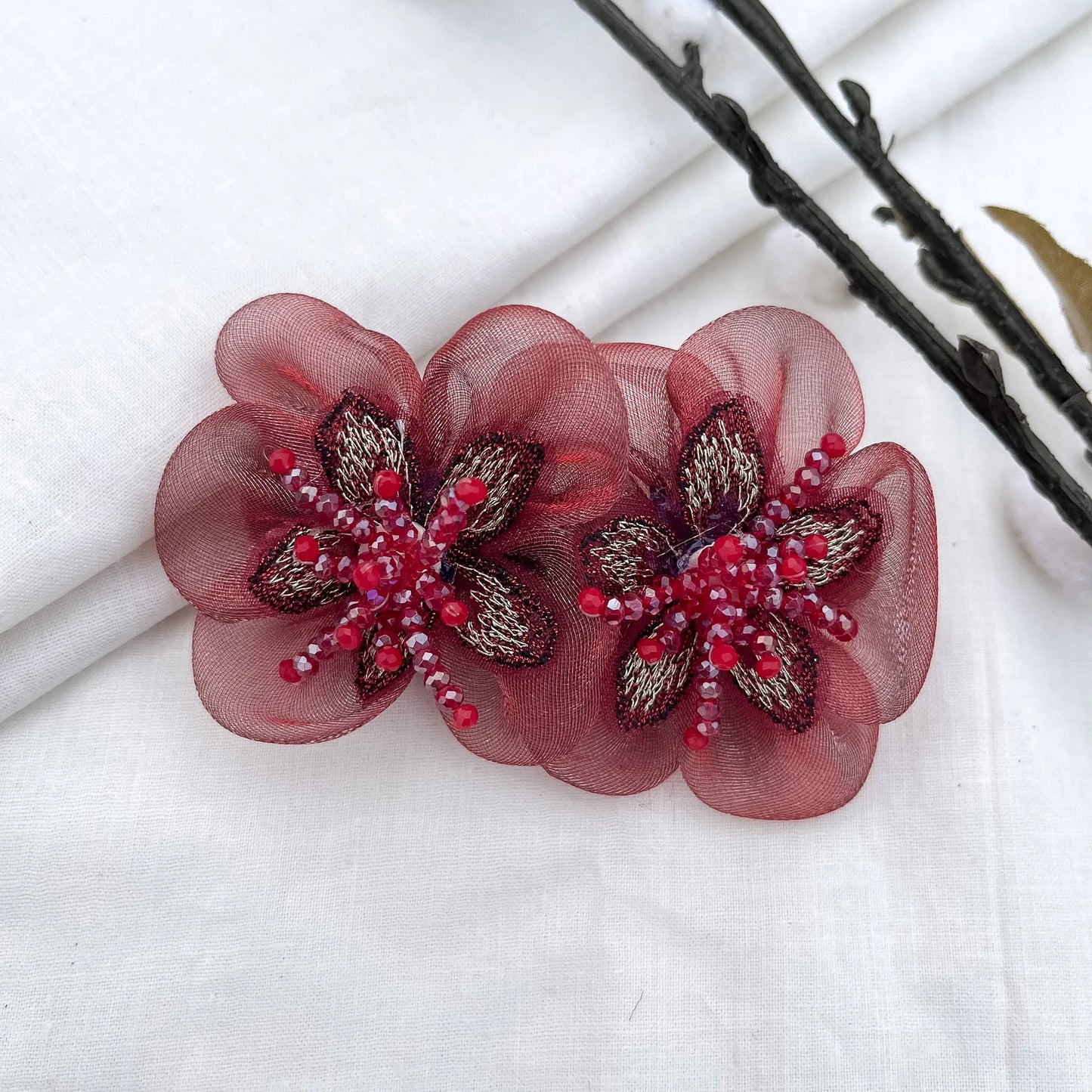 Deep red embroidered blossom barrette clip with gold leaves and beads, 6cm