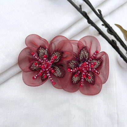 Deep red embroidered blossom barrette clip with gold leaves and beads, 6cm