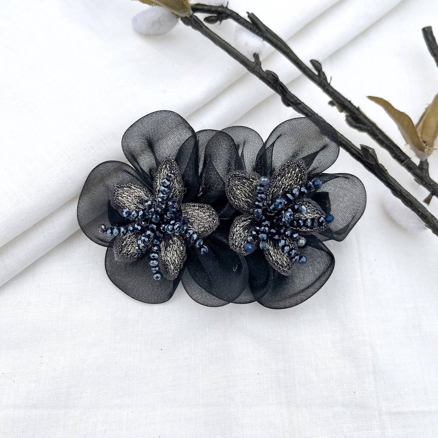 Black embroidered blossom barrette clip with silver leaves and beads, 6cm