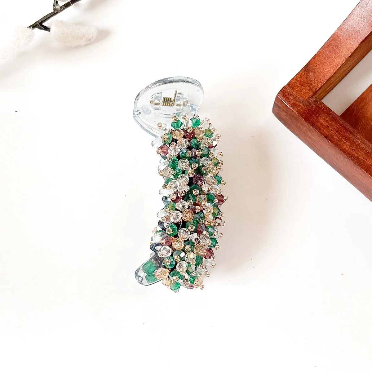 Emerald green multicolour beaded banana clip, 8 cm fancy banana clip for festive wear