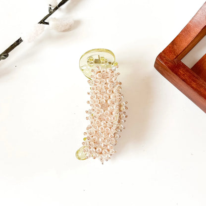 Pearl white beaded banana clip covered in faux pearls, 8 cm bridal banana clip for medium hair