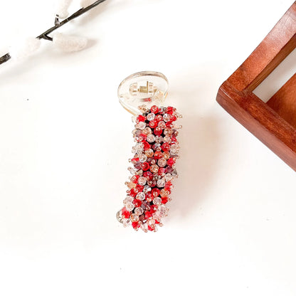 Ruby red multicolour beaded banana clip, 8 cm red banana clip for festive wear