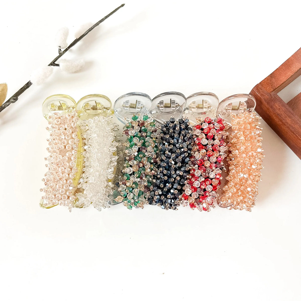 Faceted Bead Cluster 8 cm beaded banana clips in pearl white, crystal clear, emerald green, midnight navy blue, ruby red and champagne peach
