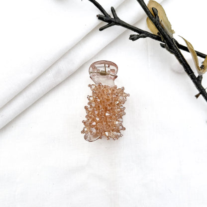 Champagne/gold 5cm banana clip with dense faceted bead cluster, sparkling crystal beads