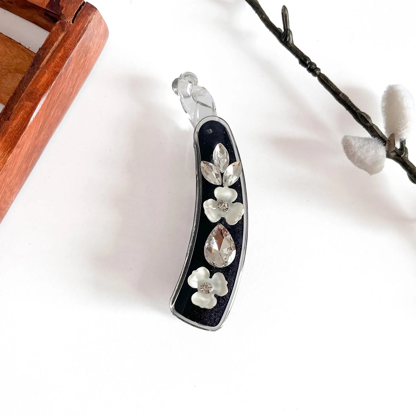 Black faceted gem lock banana clip with crystalline top and jeweled detail, 8cm medium