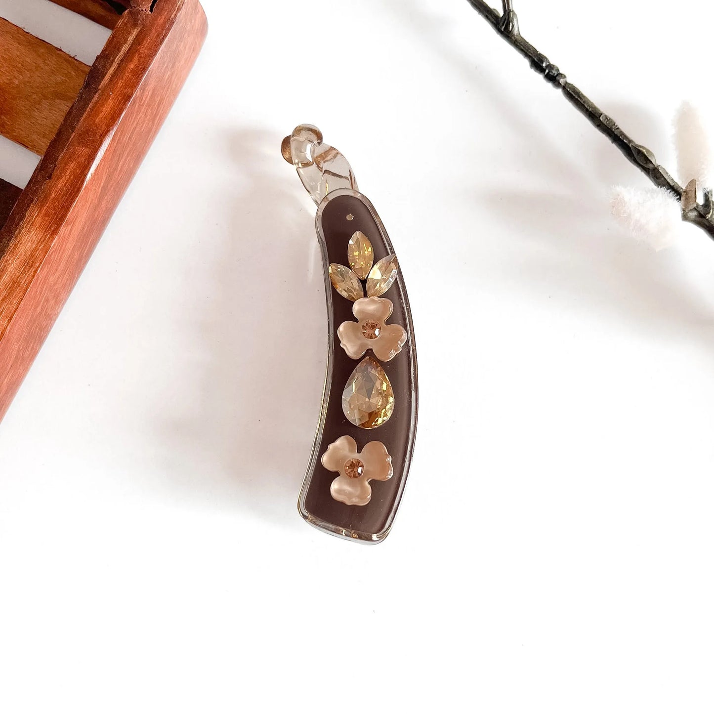 Chocolate faceted gem lock banana clip with mixed gem and flower design, 8cm clip