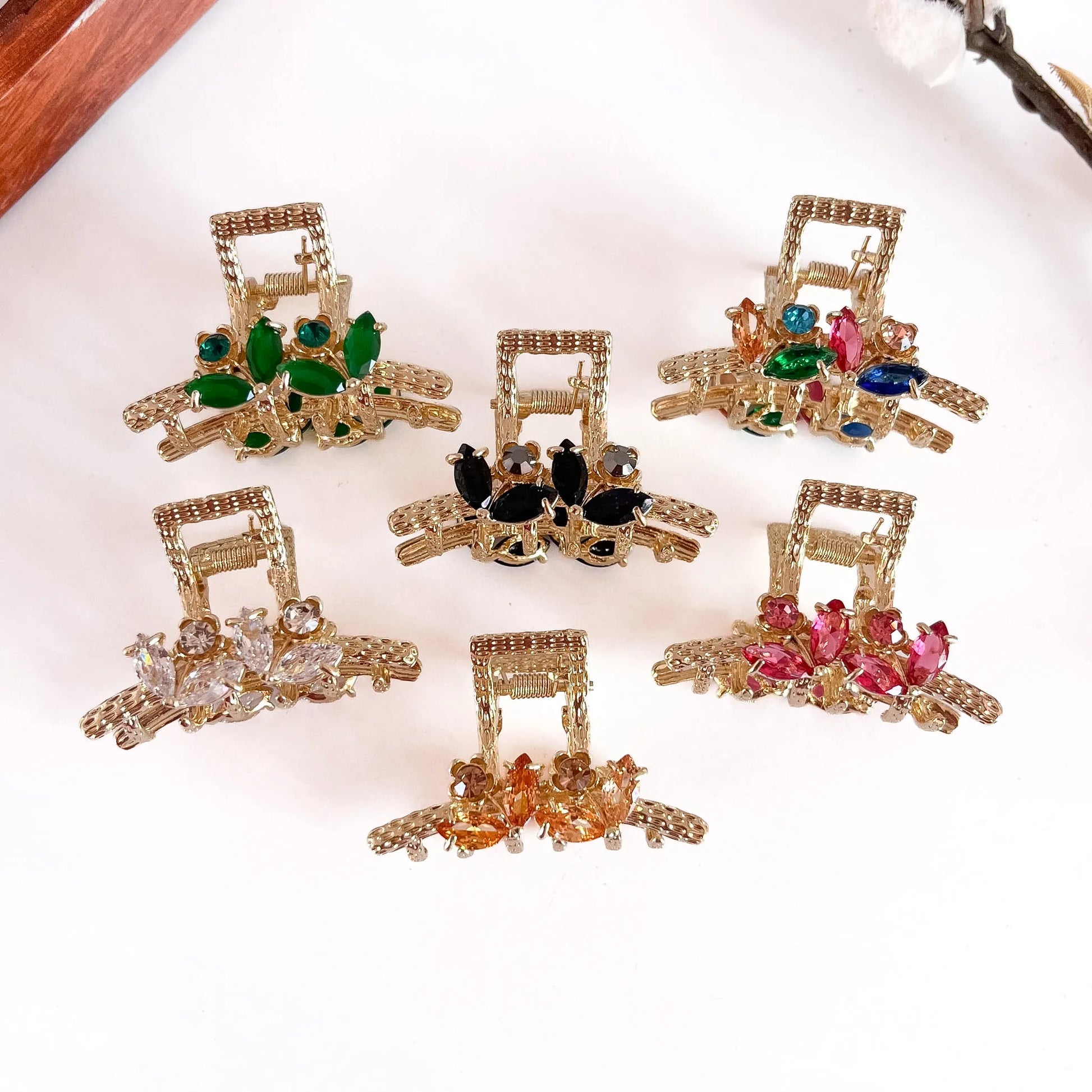 All 6 faceted gemstone metal clips: ruby, emerald, sapphire, crystal, amber, rainbow colors