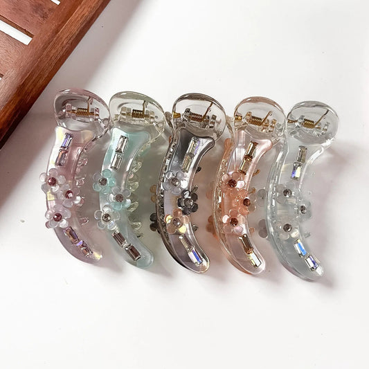 Floral baguette banana clips in pink, mint green, smoke grey, peach and clear silver