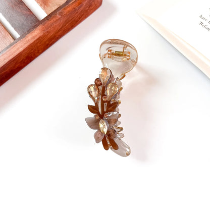 Brown Floral Cascade Banana Clip with crystal detail