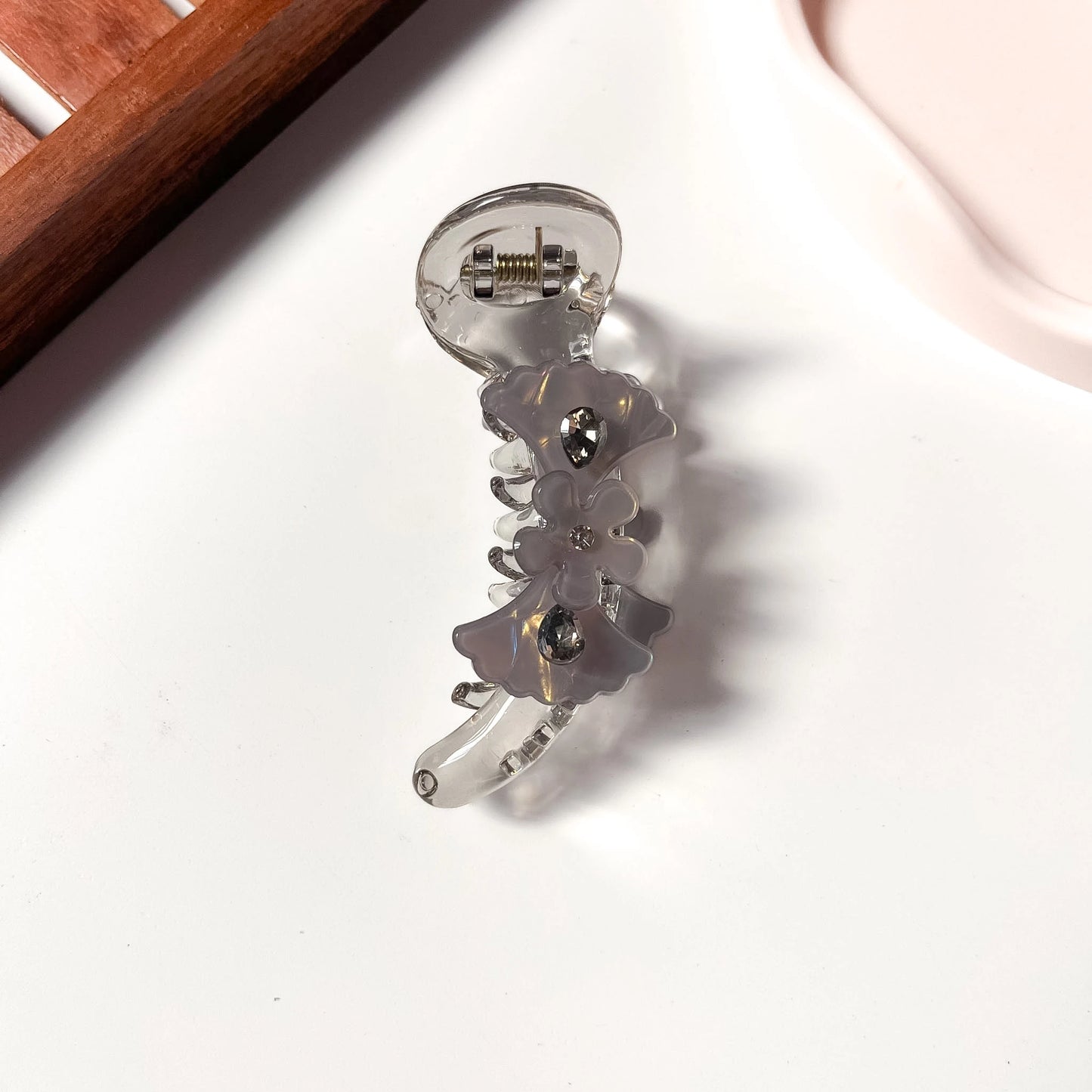 Grey floral crystal banana clip fancy small banana hair clip with rhinestone flowers