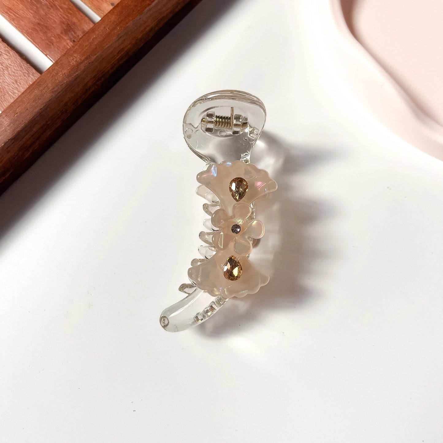 Nude peach gold floral crystal banana clip fancy small banana hair clip for women