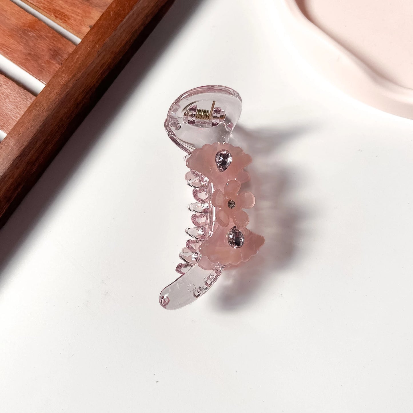 Pink floral crystal banana clip fancy small banana clip for everyday styling