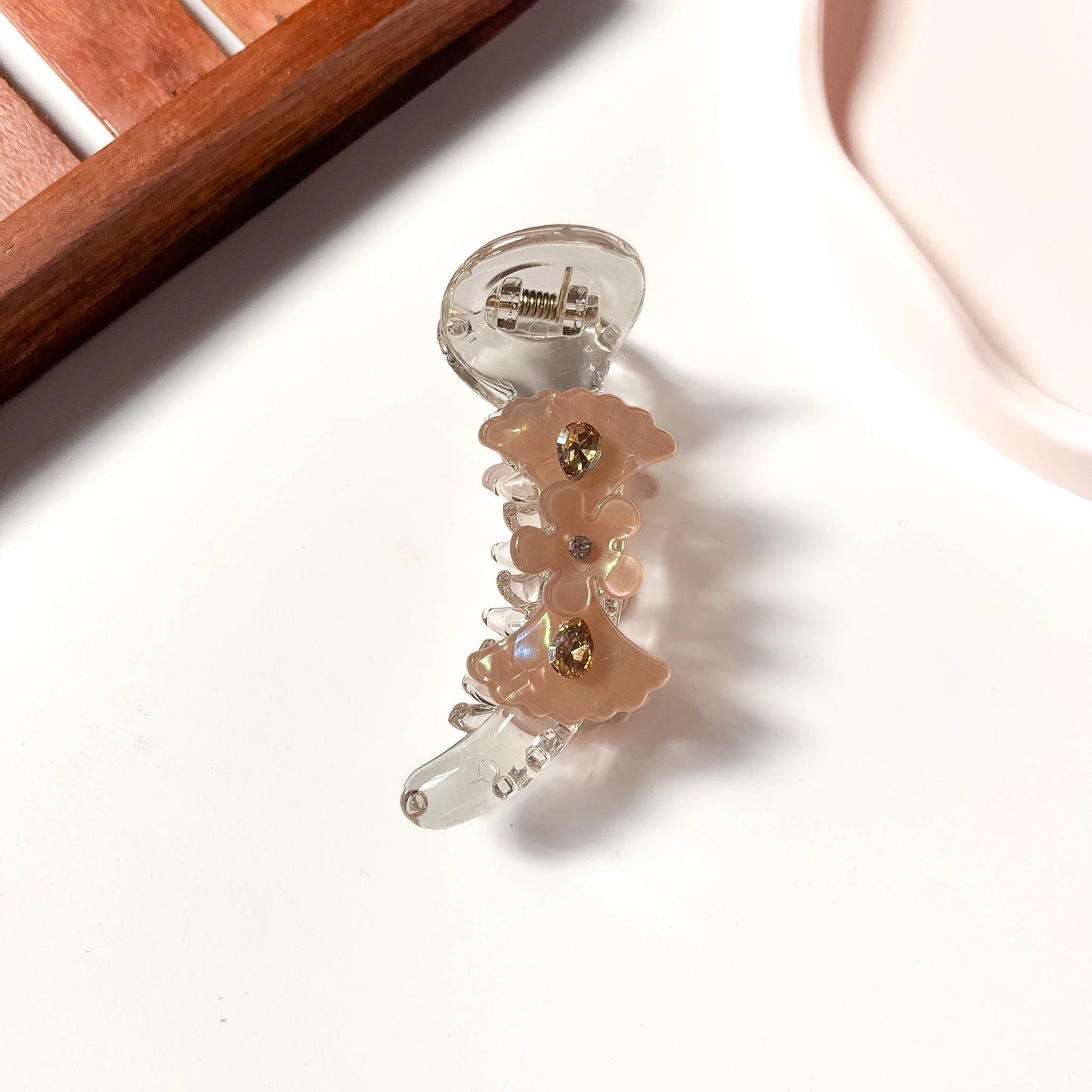 Salmon peach floral crystal banana clip small banana hair clip with crystal flowers